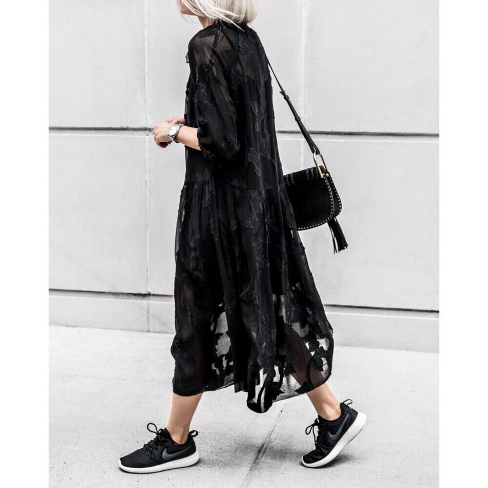 Aritzia WILFRED Dufour Black Sheer Leaf Jacquard Midi Peasant Dress, Size S - Picture 13 of 16